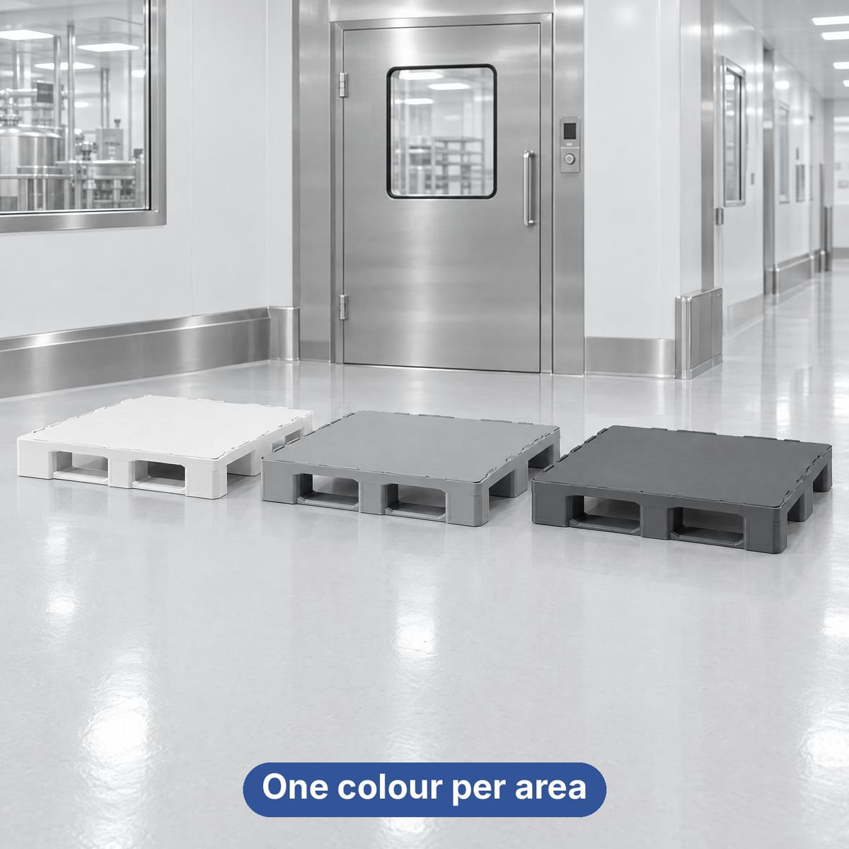 Closed-deck plastic pallets in different colours to separate areas of a pharmaceutical plant