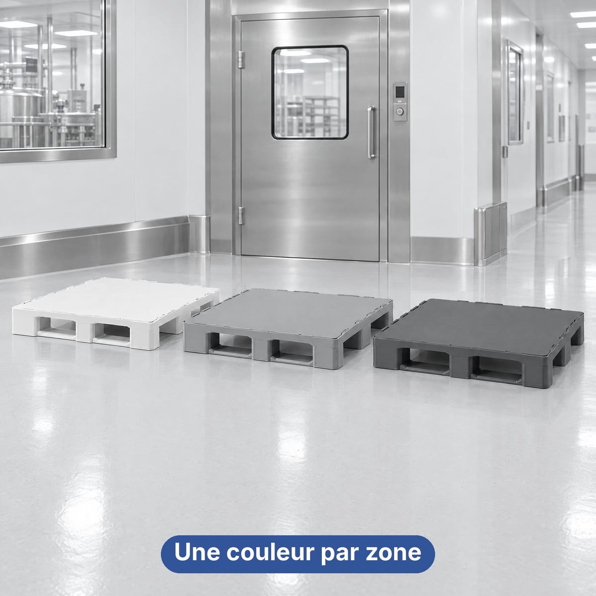 Palettes plastique à plateau fermé de différentes couleurs pour séparer les zones d'un site pharmaceutique