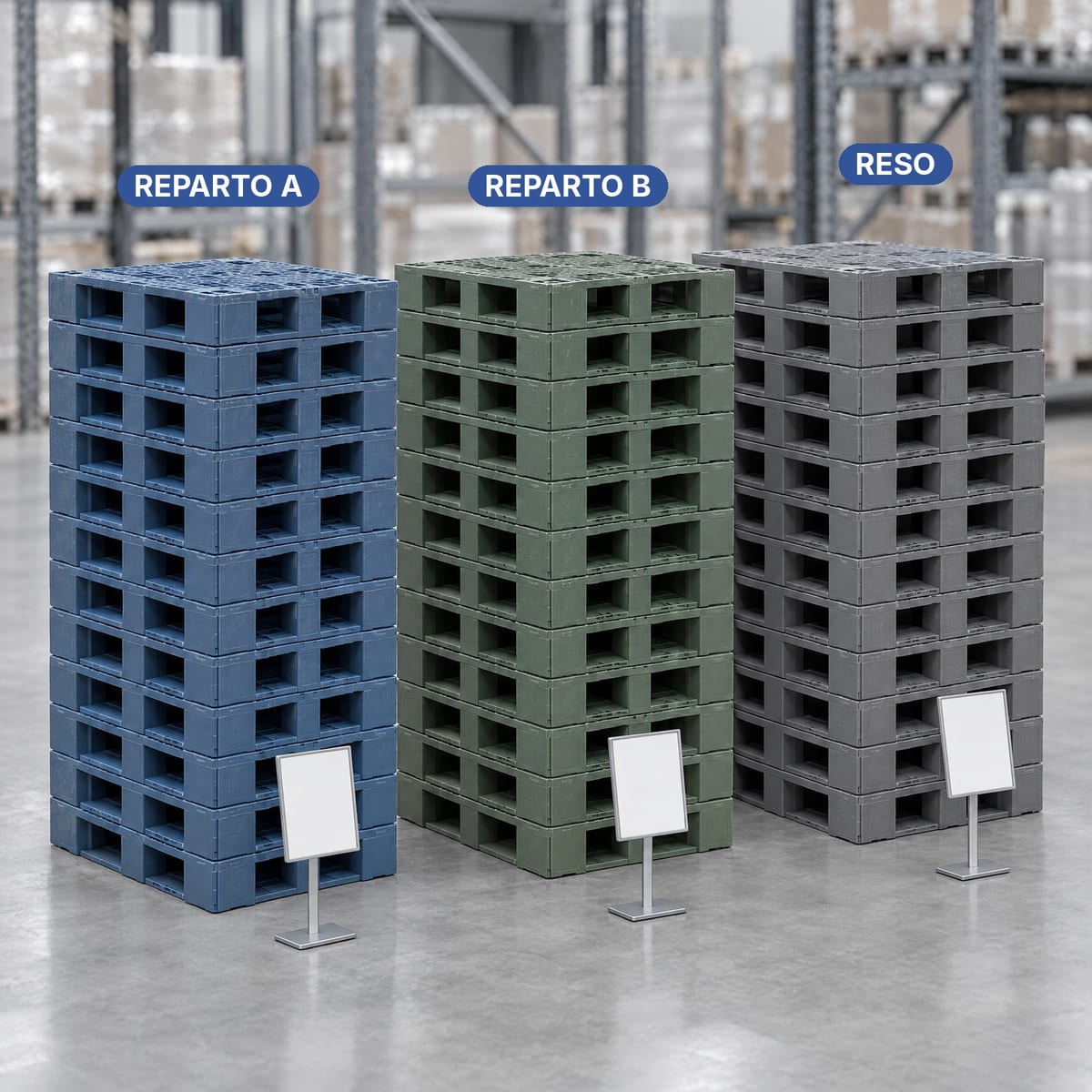 Pallet in plastica di colori diversi per reparti e circuiti, impilati per colore
