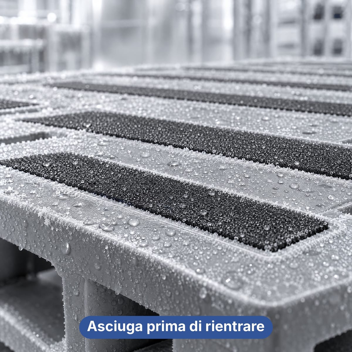 Piano di un pallet in plastica con condensa e strisce antiscivolo sul bordo