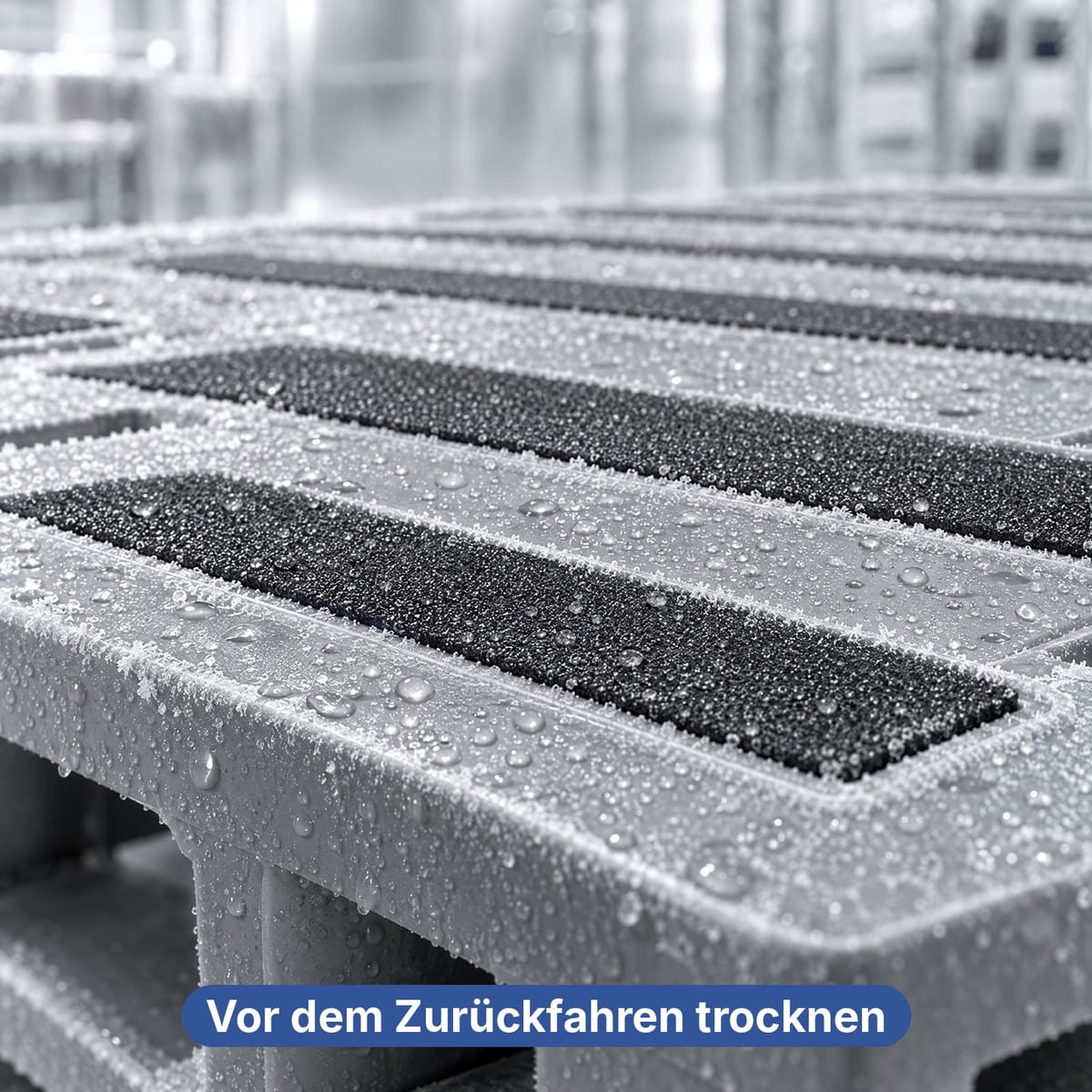 Deck einer Kunststoffpalette mit Kondenswasser und Antirutschstreifen am Rand