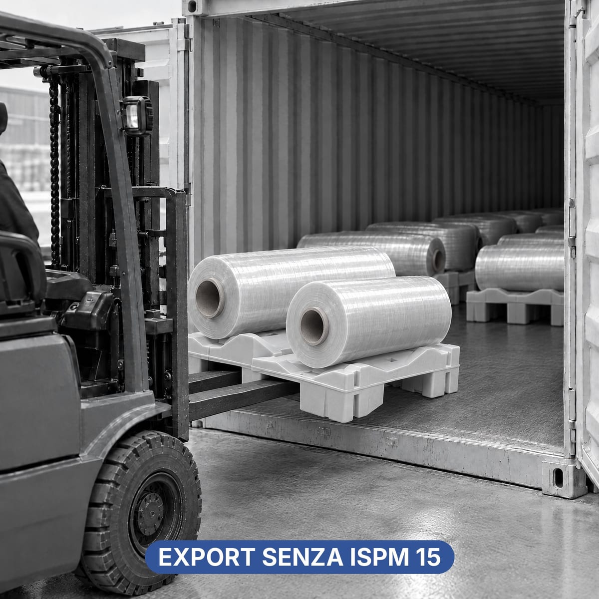 Pallet in plastica con bobine caricato in un container per l’export