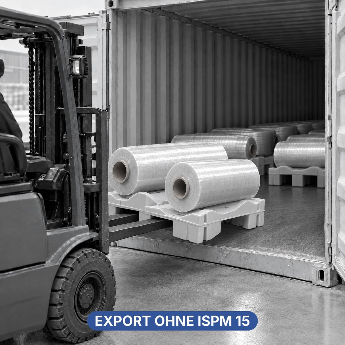Kunststoffpalette mit Rollen, in einen Container für den Export geladen