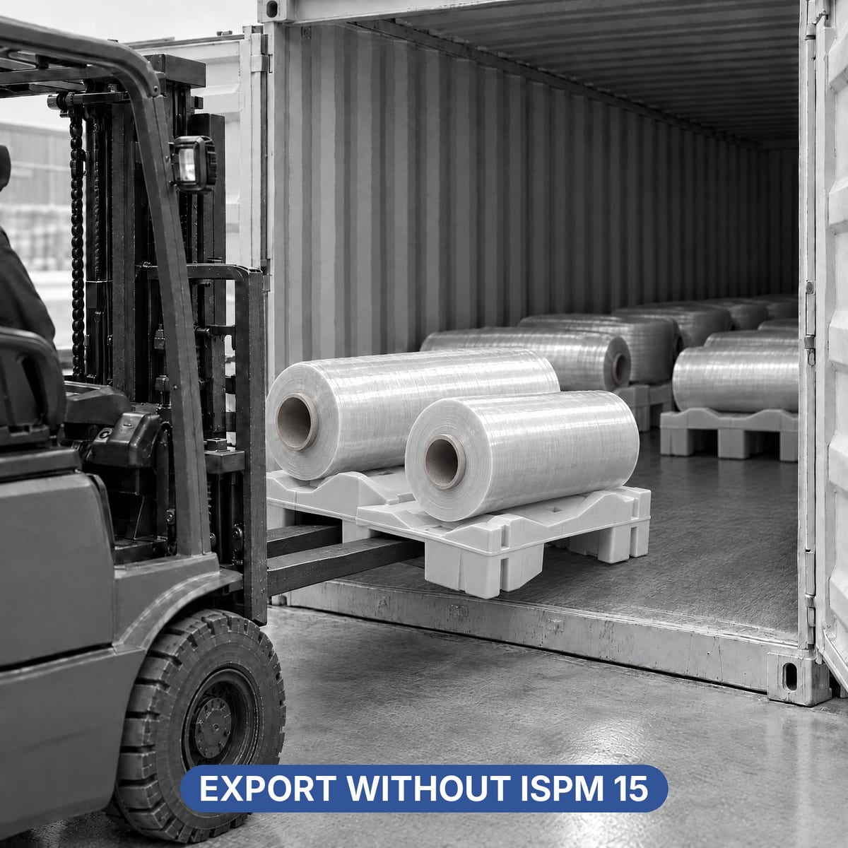 Plastic pallet with reels loaded into a container for export