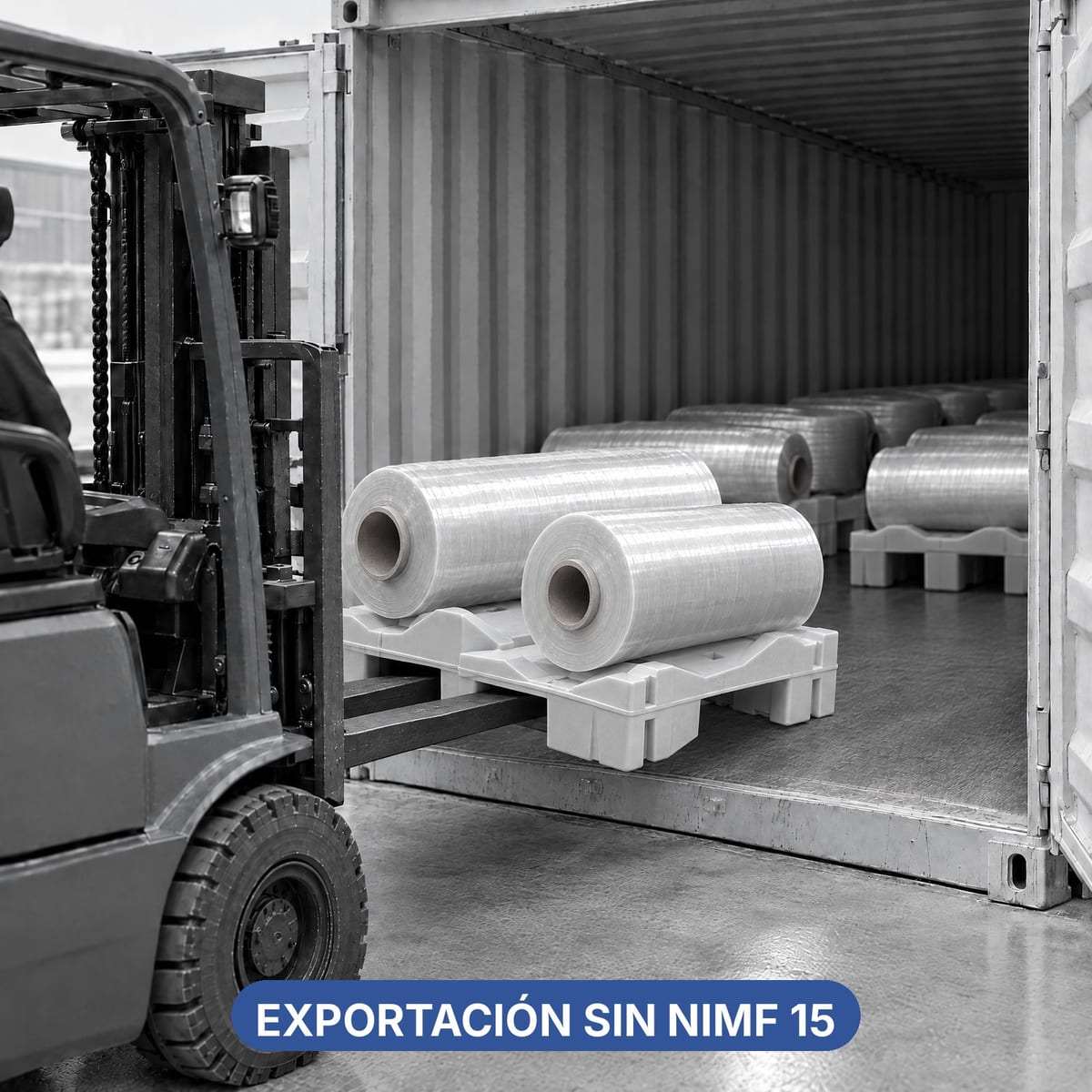 Palet de plástico con bobinas cargado en un contenedor para exportación