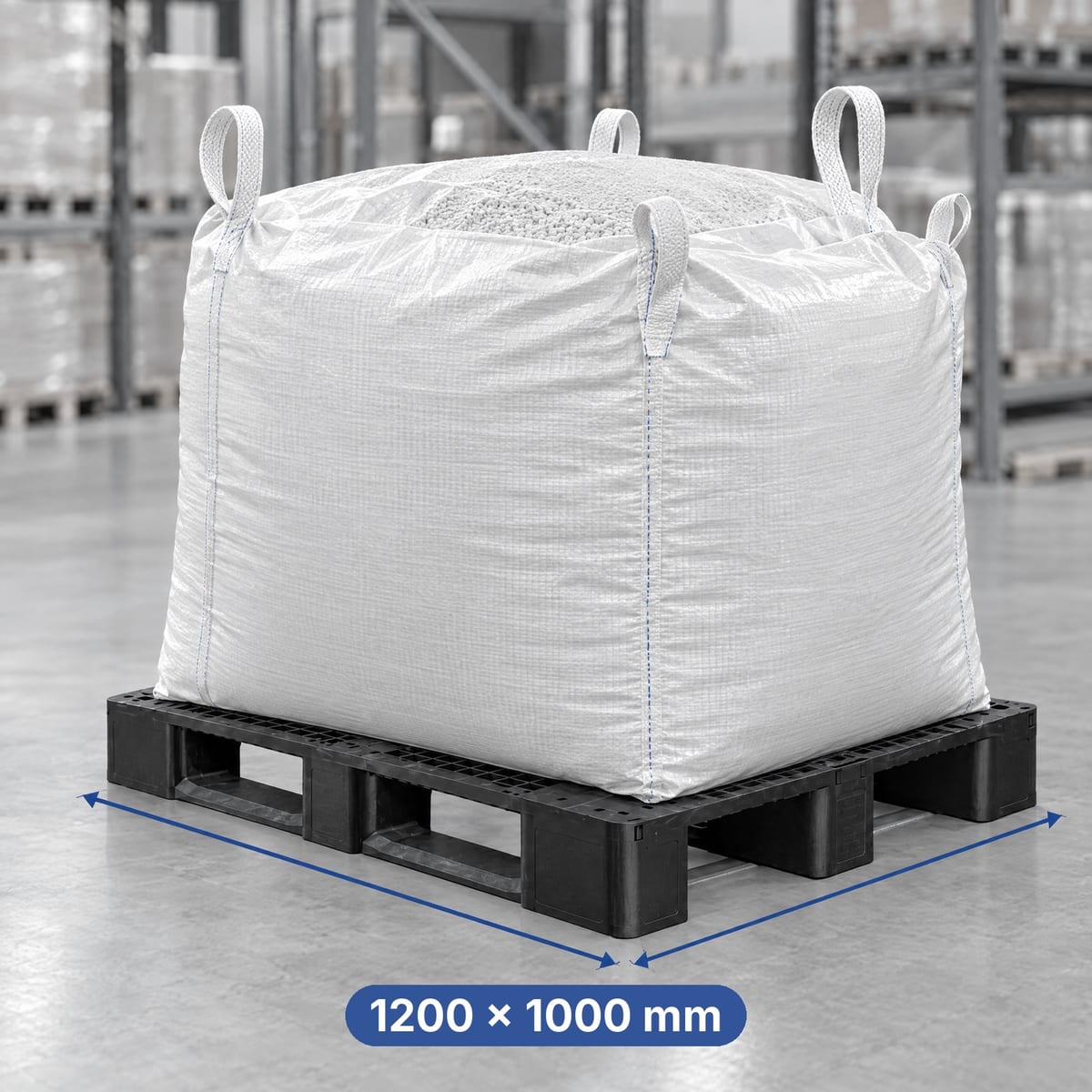 1200×1000 industrial plastic pallet with a big bag loaded on top