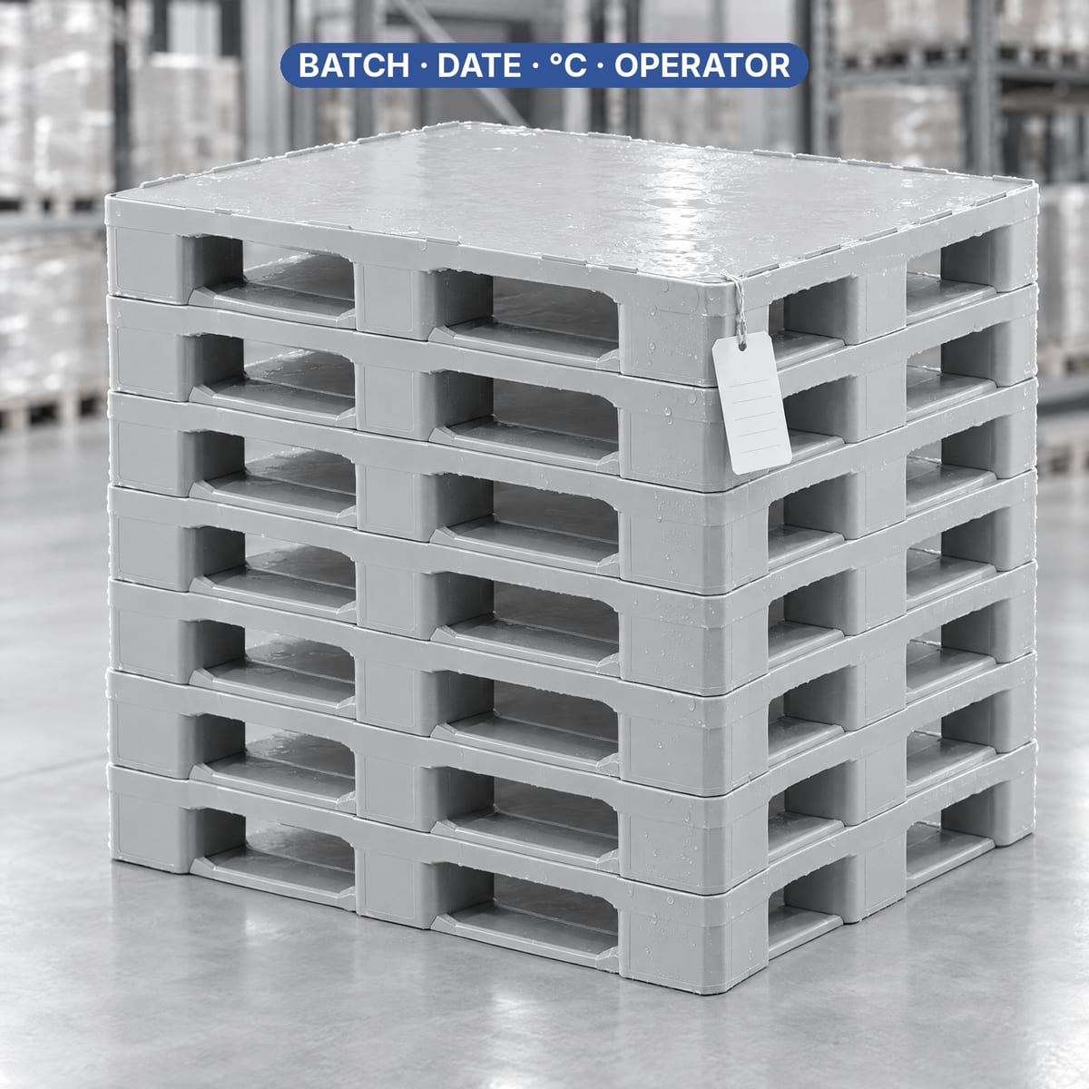 Clean stacked plastic pallets with a washing certification tag