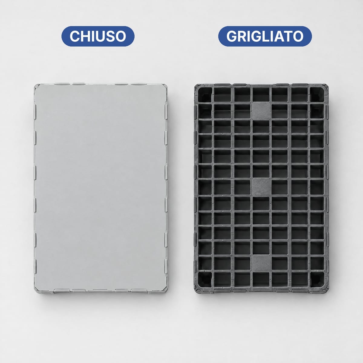 Pallet in plastica a piano chiuso liscio e pallet a piano grigliato affiancati visti dall'alto