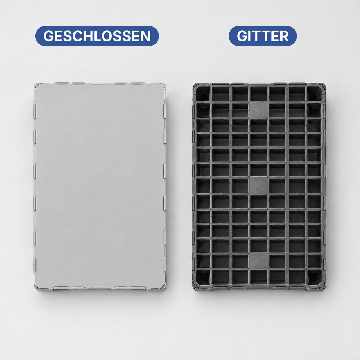Kunststoffpalette mit glattem geschlossenem Deck und Palette mit Gitterdeck nebeneinander von oben