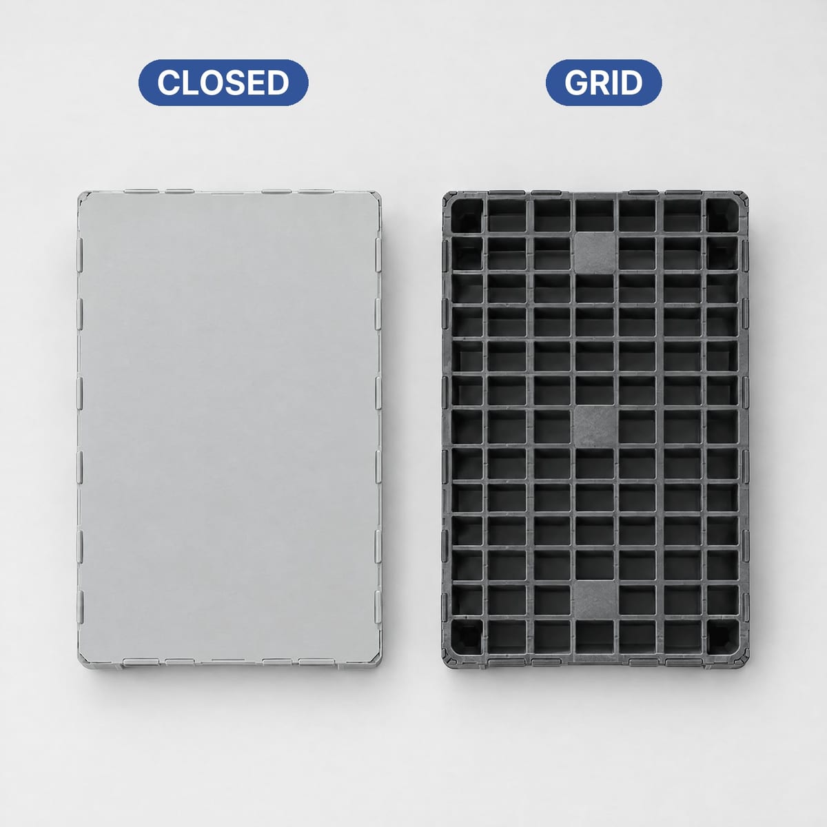 Plastic pallet with a smooth solid deck and pallet with an open grid deck side by side, seen from above