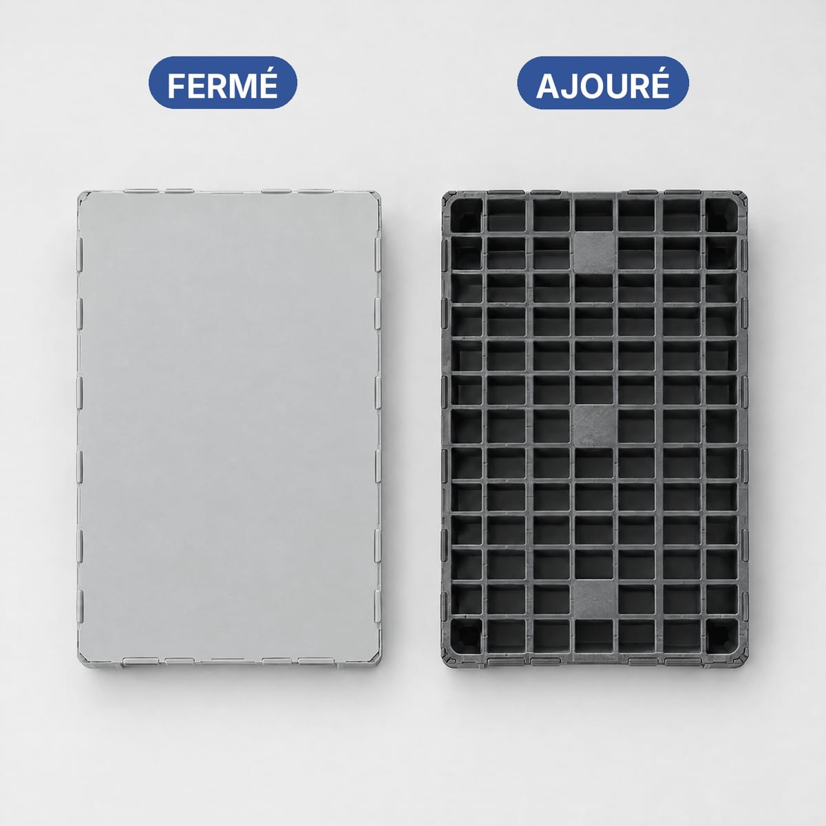 Palette plastique à plateau plein lisse et palette à plateau ajouré côte à côte, vues de dessus
