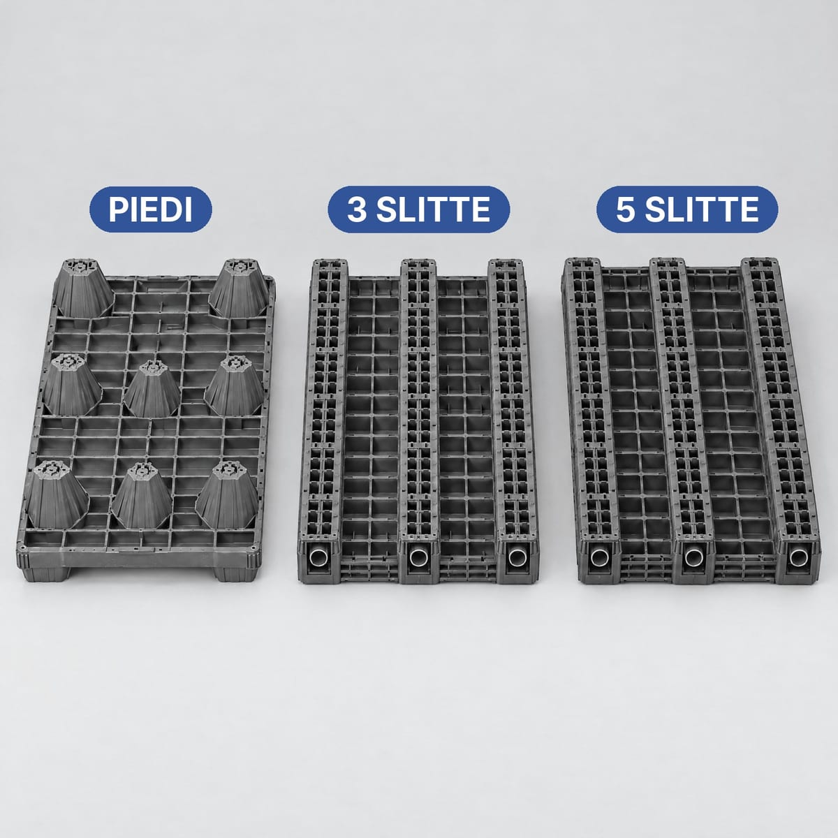 Tre pallet in plastica capovolti: a nove piedi, a tre slitte e a cinque slitte perimetrali