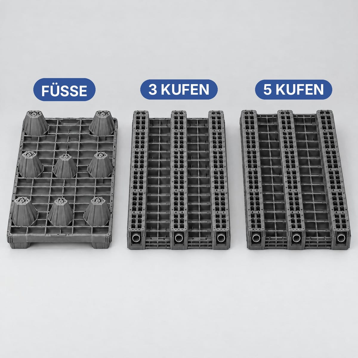 Drei umgedrehte Kunststoffpaletten: mit neun Füßen, mit drei Kufen und mit fünf umlaufenden Kufen