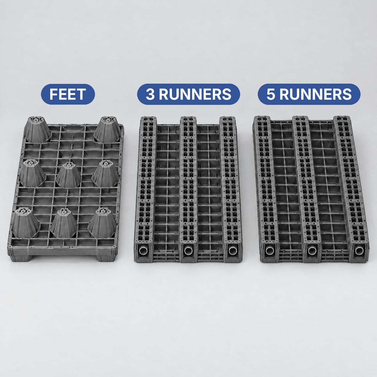 Three plastic pallets upside down: nestable on 9 feet, 3 runners, 5 perimeter runners