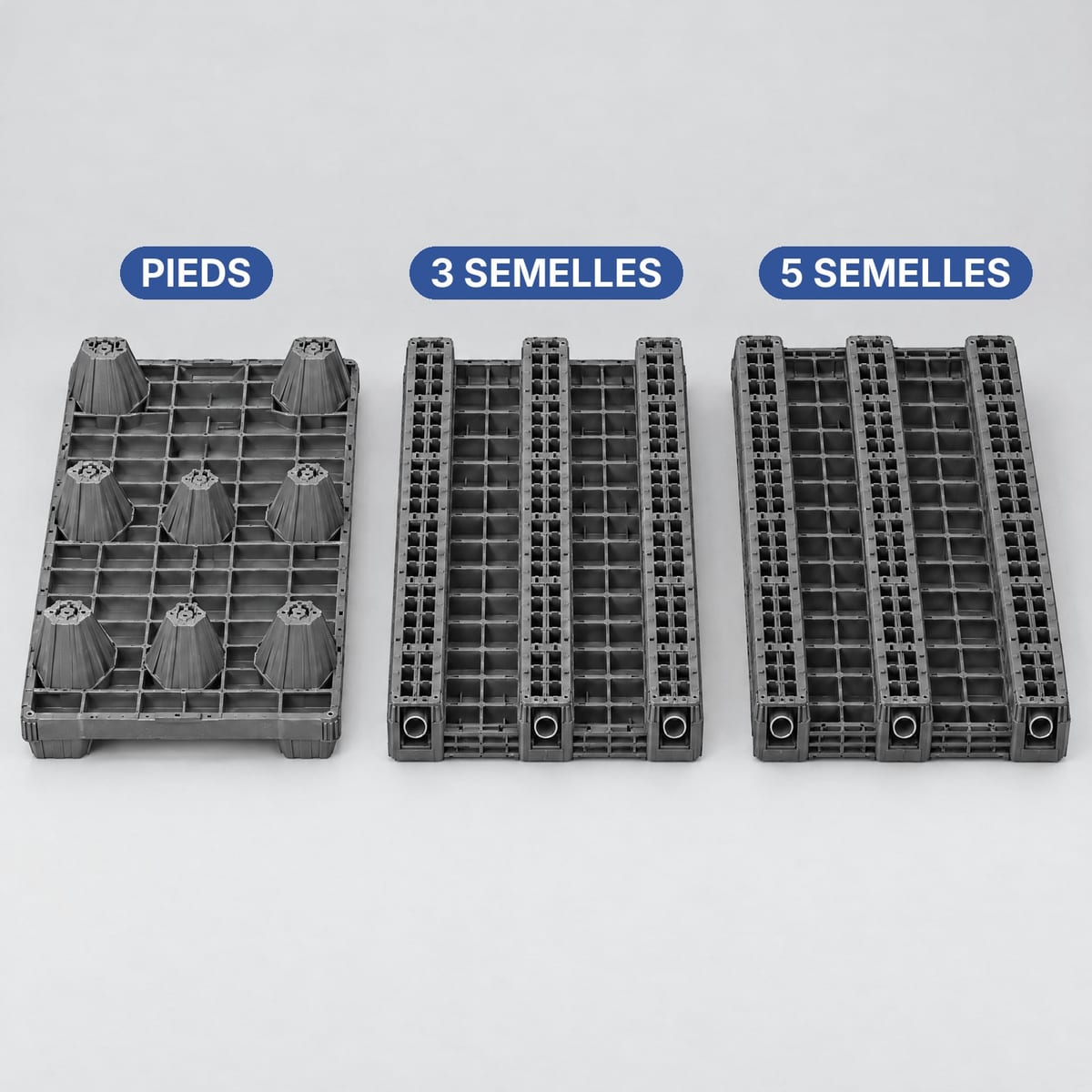 Trois palettes plastique retournées : à neuf pieds, à trois semelles et à cinq semelles périmétriques