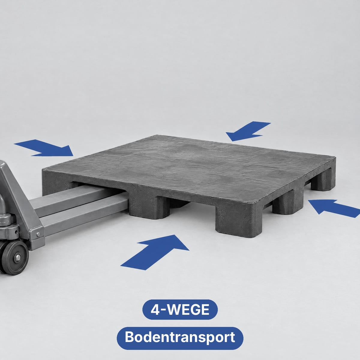 Kunststoffpalette ROLL PP08 mit Flachdeck und Vierwegeeinfahrt, angehoben von einem Hubwagen