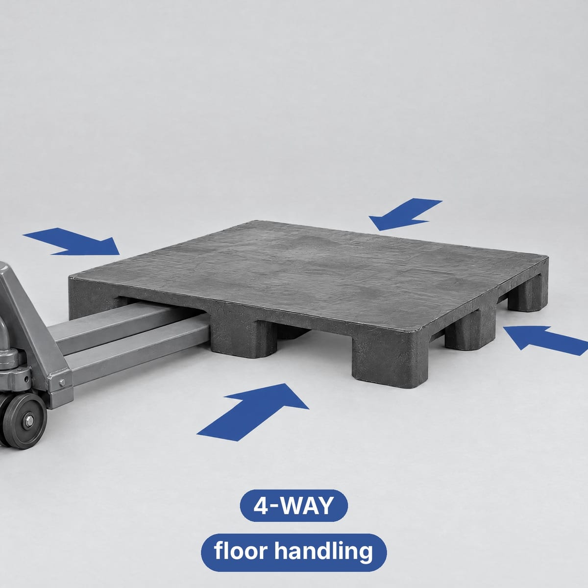 ROLL PP08 flat-deck plastic pallet with four-way entry lifted by a pallet truck