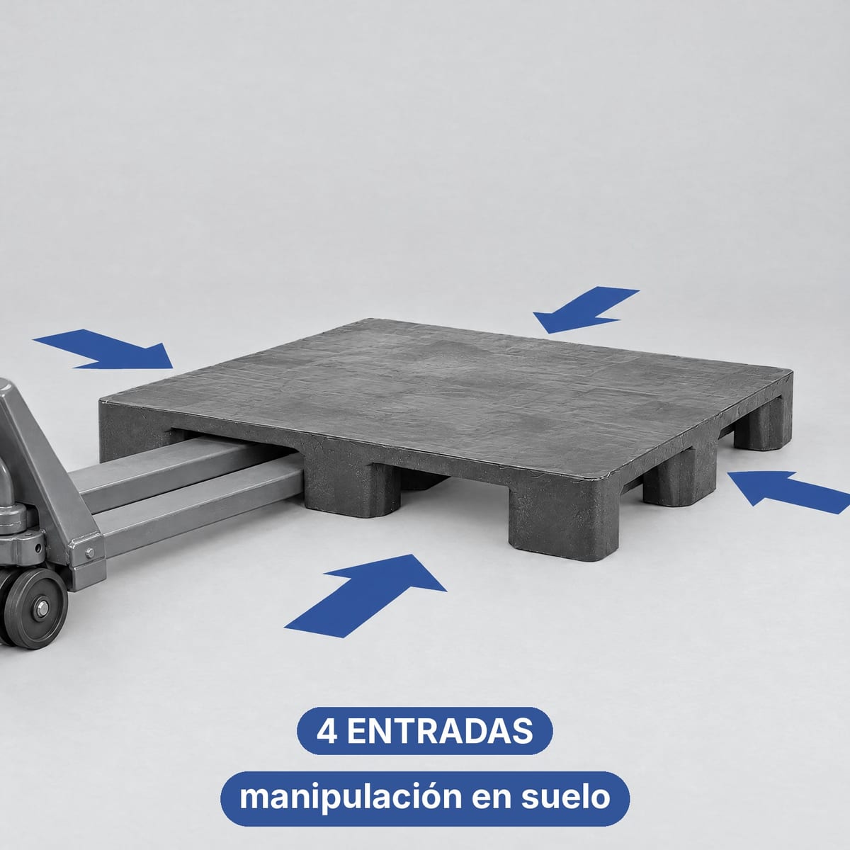 Palet de plástico ROLL PP08 de tablero plano con cuatro entradas levantado por una transpaleta
