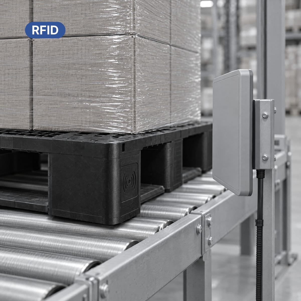 Plastic pallet with an embedded RFID tag read by an antenna at a warehouse gate