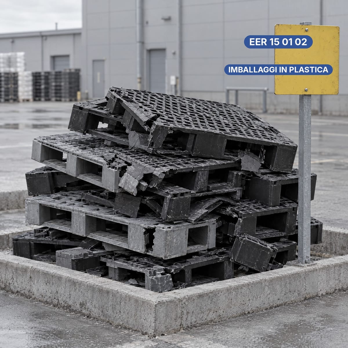Pallet in plastica rotti raccolti in un'area di deposito rifiuti con cartello del codice EER 15 01 02