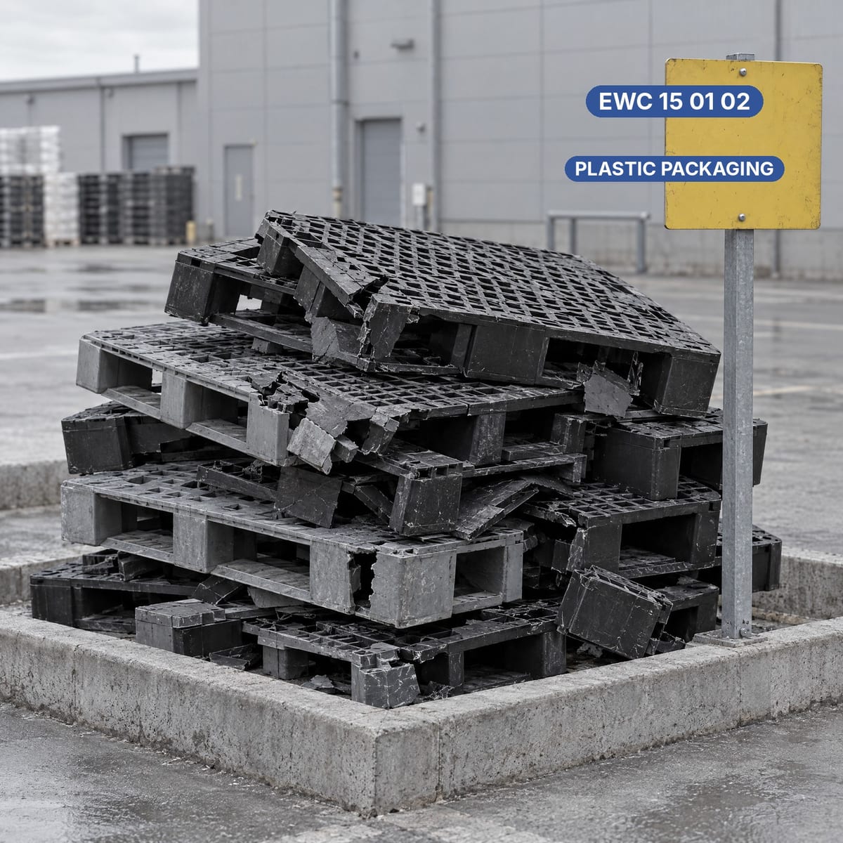 Broken plastic pallets collected in a waste storage area with a sign showing waste code 15 01 02