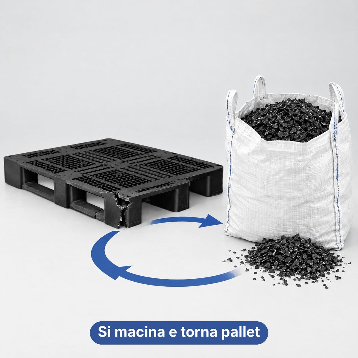Pallet in plastica rotto accanto al suo rimacinato pronto per stampare nuovi pallet