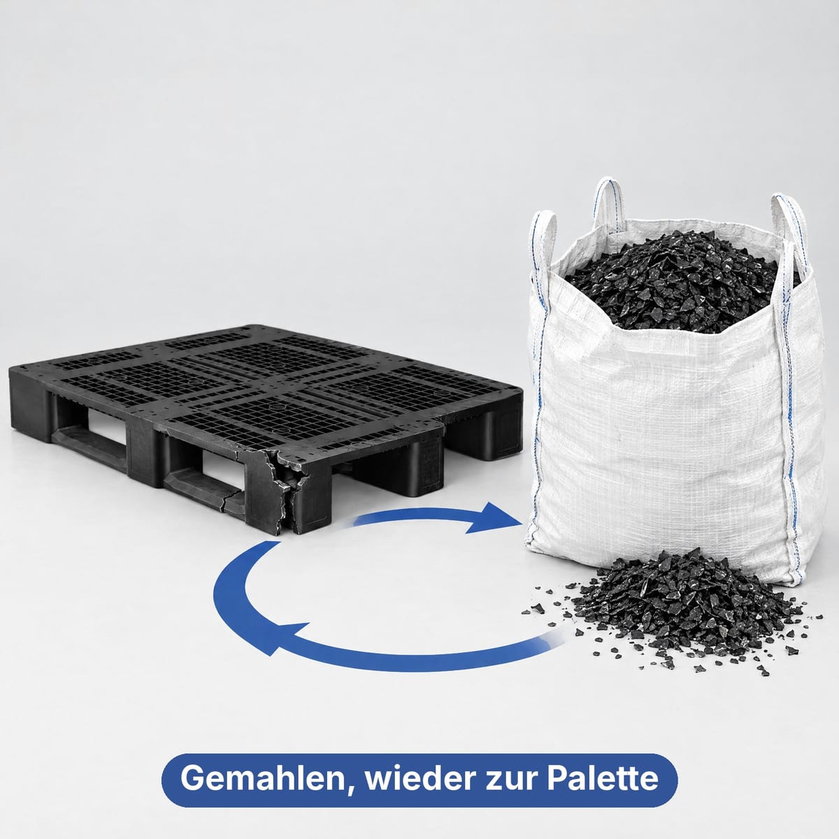 Defekte Kunststoffpalette neben ihrem Mahlgut, bereit für die Herstellung neuer Paletten
