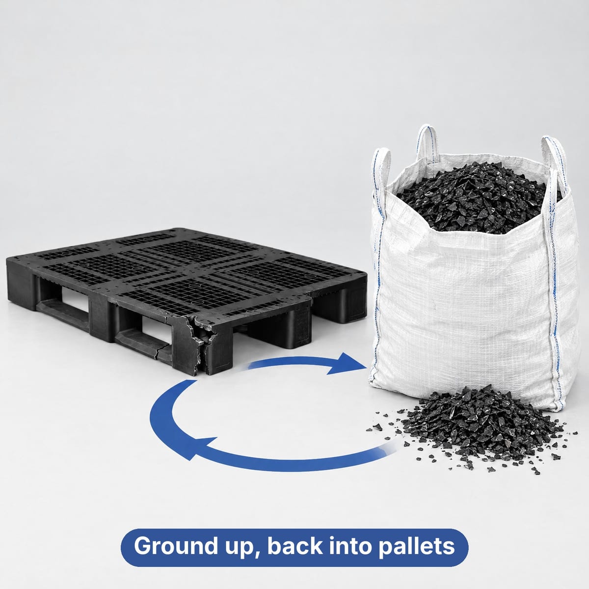 Broken plastic pallet next to its regrind, ready to mould new pallets