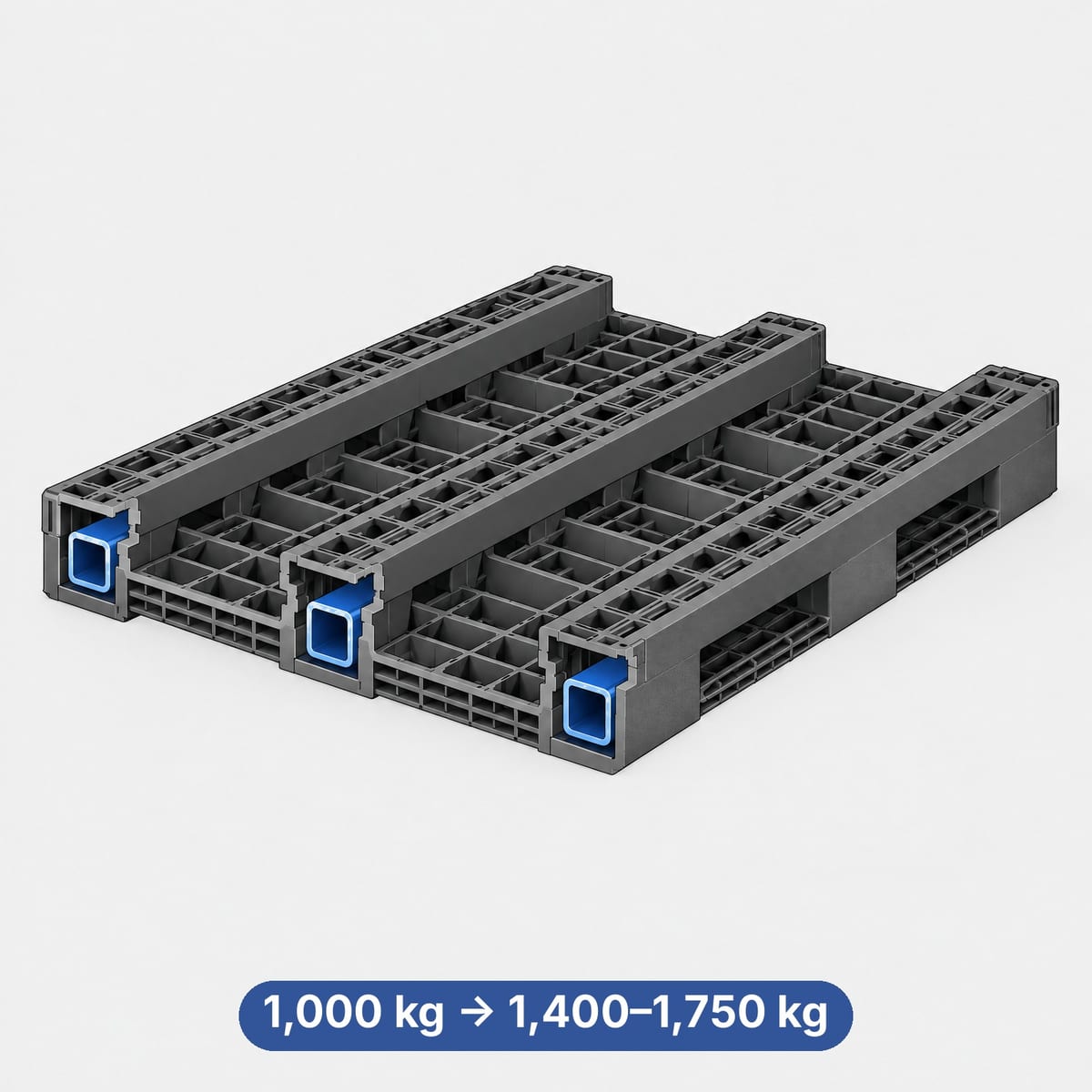 Cross-section of a plastic pallet with runners and steel profiles inserted in the deck