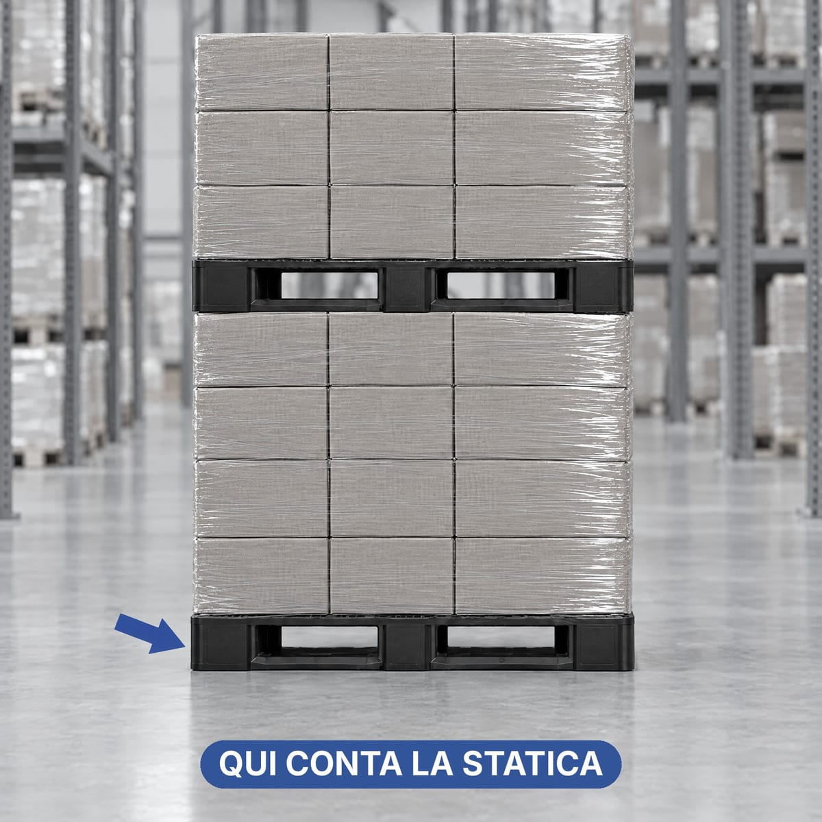 Pallet in plastica sovrapponibili carichi impilati in catasta a terra in magazzino