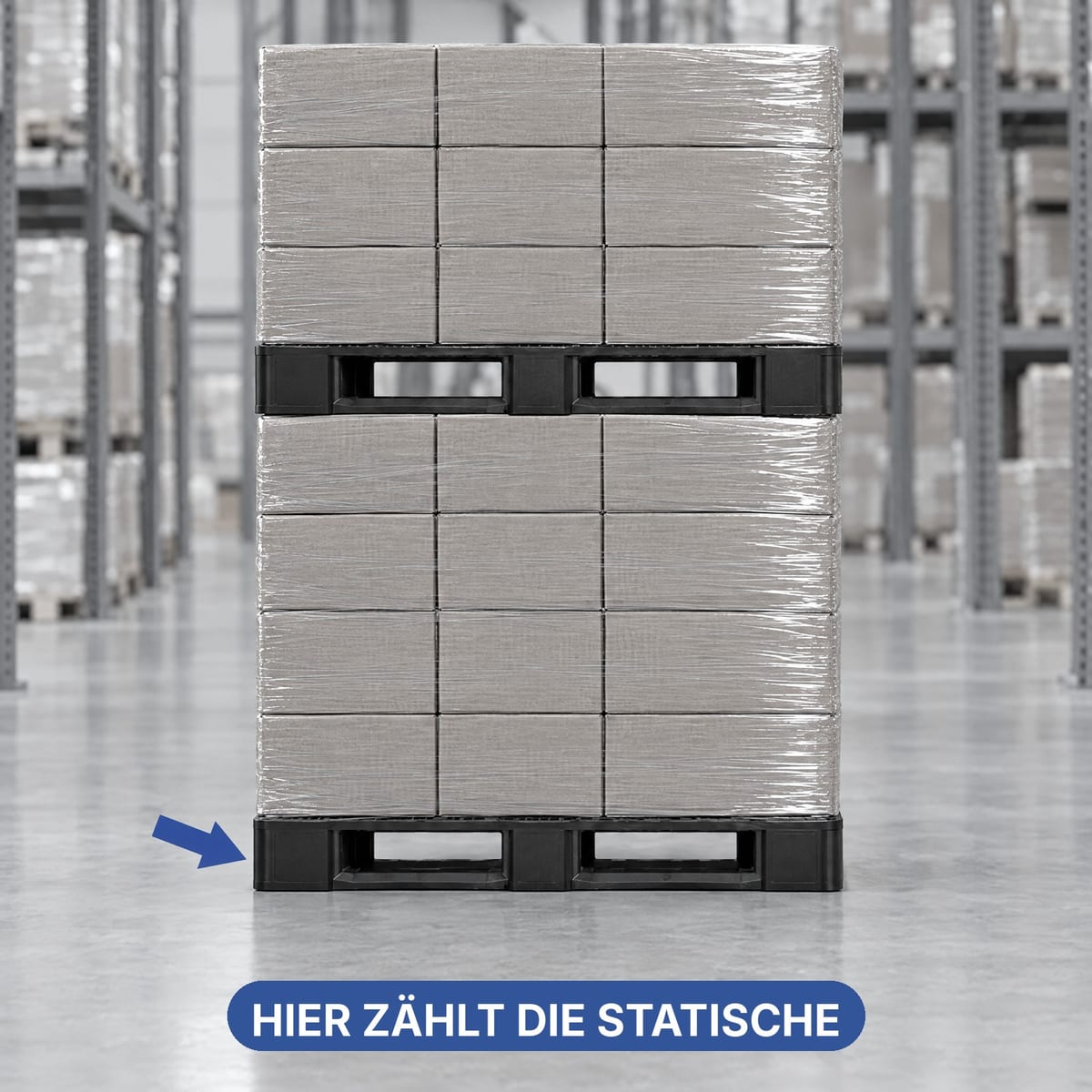 Beladene stapelbare Kunststoffpaletten, übereinander im Blocklager am Hallenboden