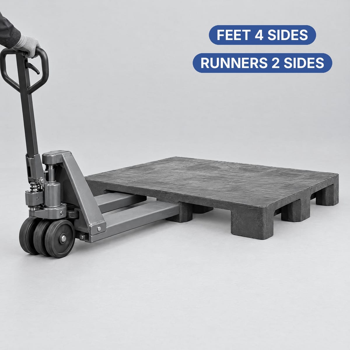 Hand pallet truck entering a plastic pallet on 9 feet from the side
