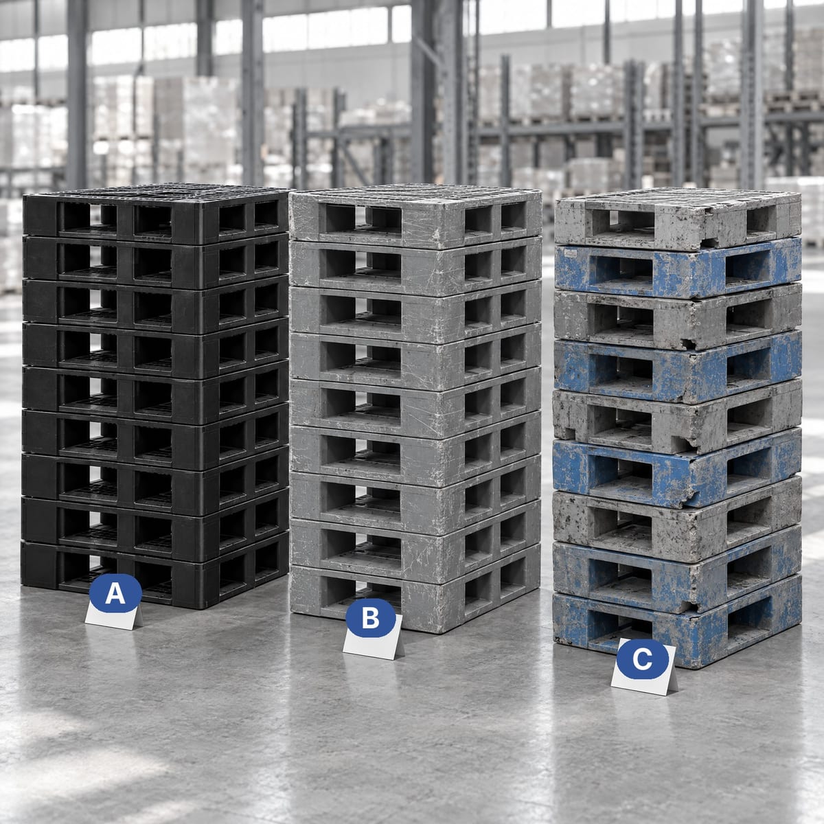 Batch of used plastic pallets sorted and stacked by degree of wear in a warehouse