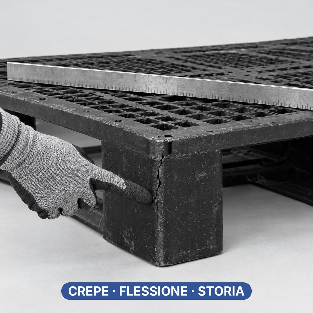 Mano che indica una crepa sul piede di un pallet in plastica usato