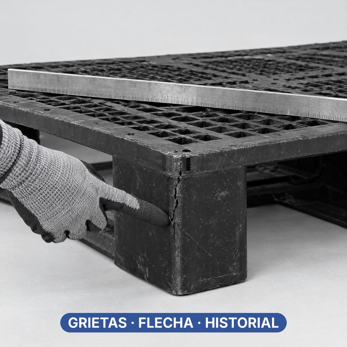 Mano que señala una grieta en el pie de un palet de plástico usado