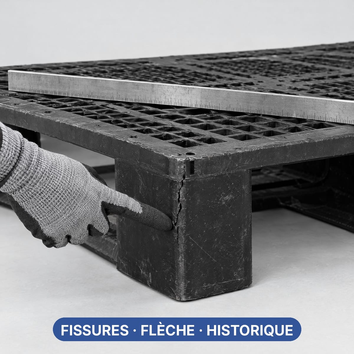 Contrôle d'une palette plastique d'occasion : règle posée sur le plateau pour mesurer la flèche et main montrant une fissure