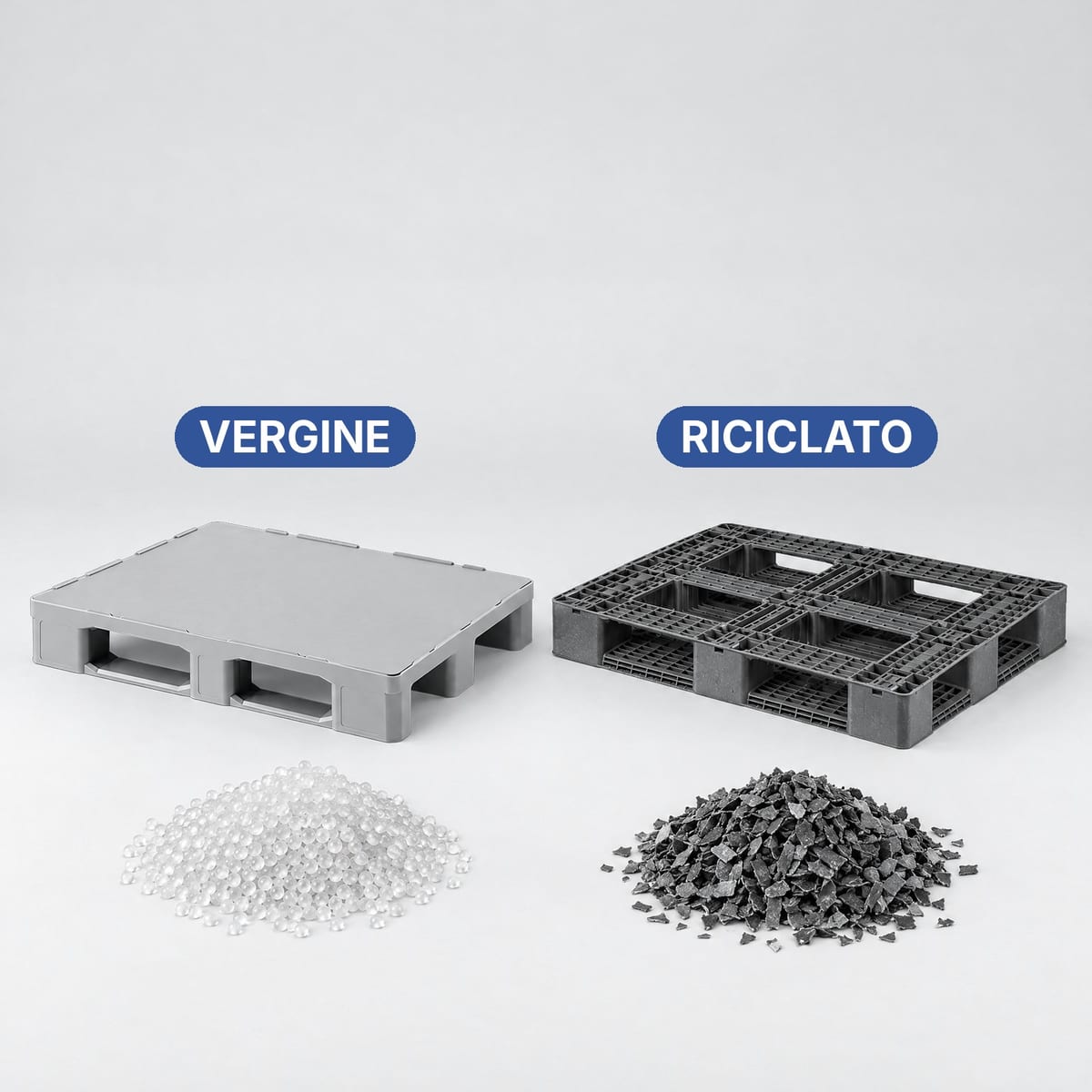 Pallet in plastica vergine colorato e pallet in plastica riciclata nero affiancati, con granulo e rimacinato davanti