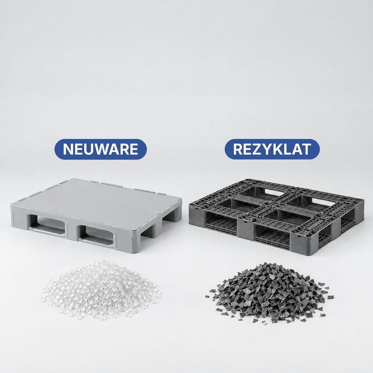 Farbige Kunststoffpalette aus Neuware und schwarze Palette aus Rezyklat nebeneinander, davor Granulat und Mahlgut