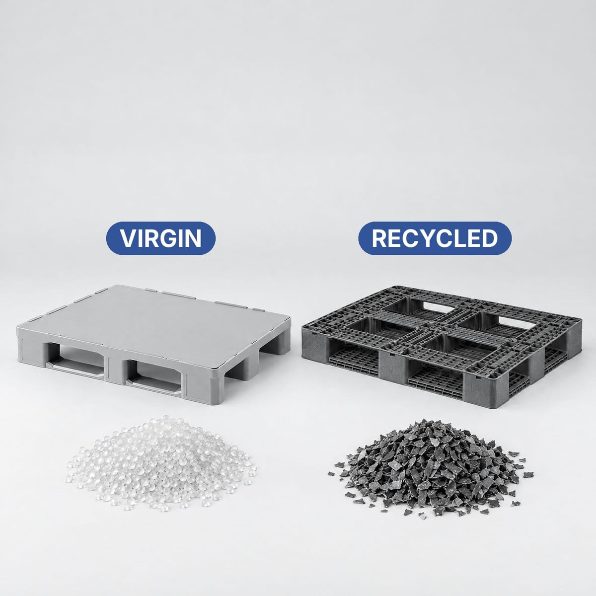 A coloured virgin plastic pallet and a black recycled plastic pallet side by side, with granules and regrind in front