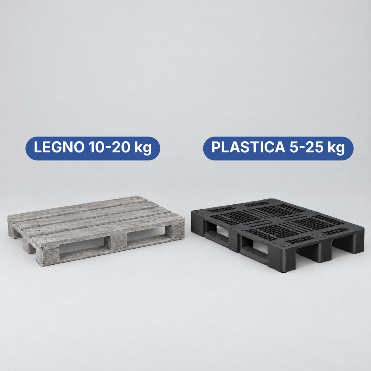 Pallet in plastica e pallet in legno EPAL 1200×800 affiancati sul pavimento di un magazzino