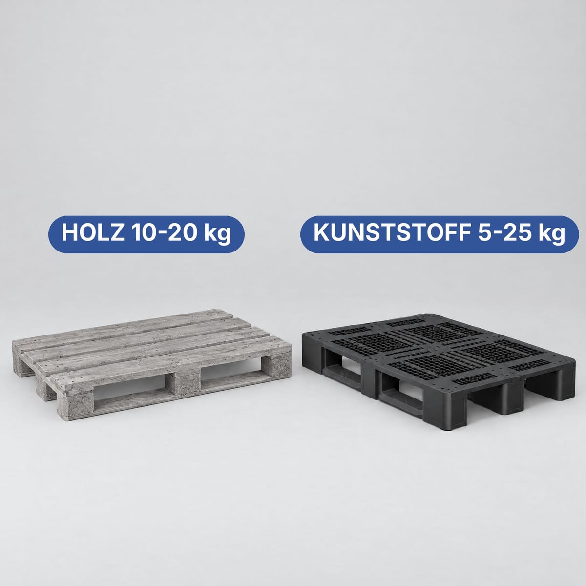 Kunststoffpalette und EPAL-Holzpalette 1200×800 nebeneinander auf dem Hallenboden