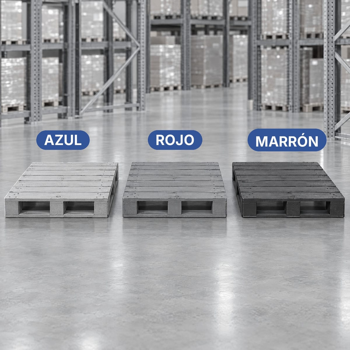 Tres palets de madera de alquiler en los colores de los pools: azul, rojo y marrón