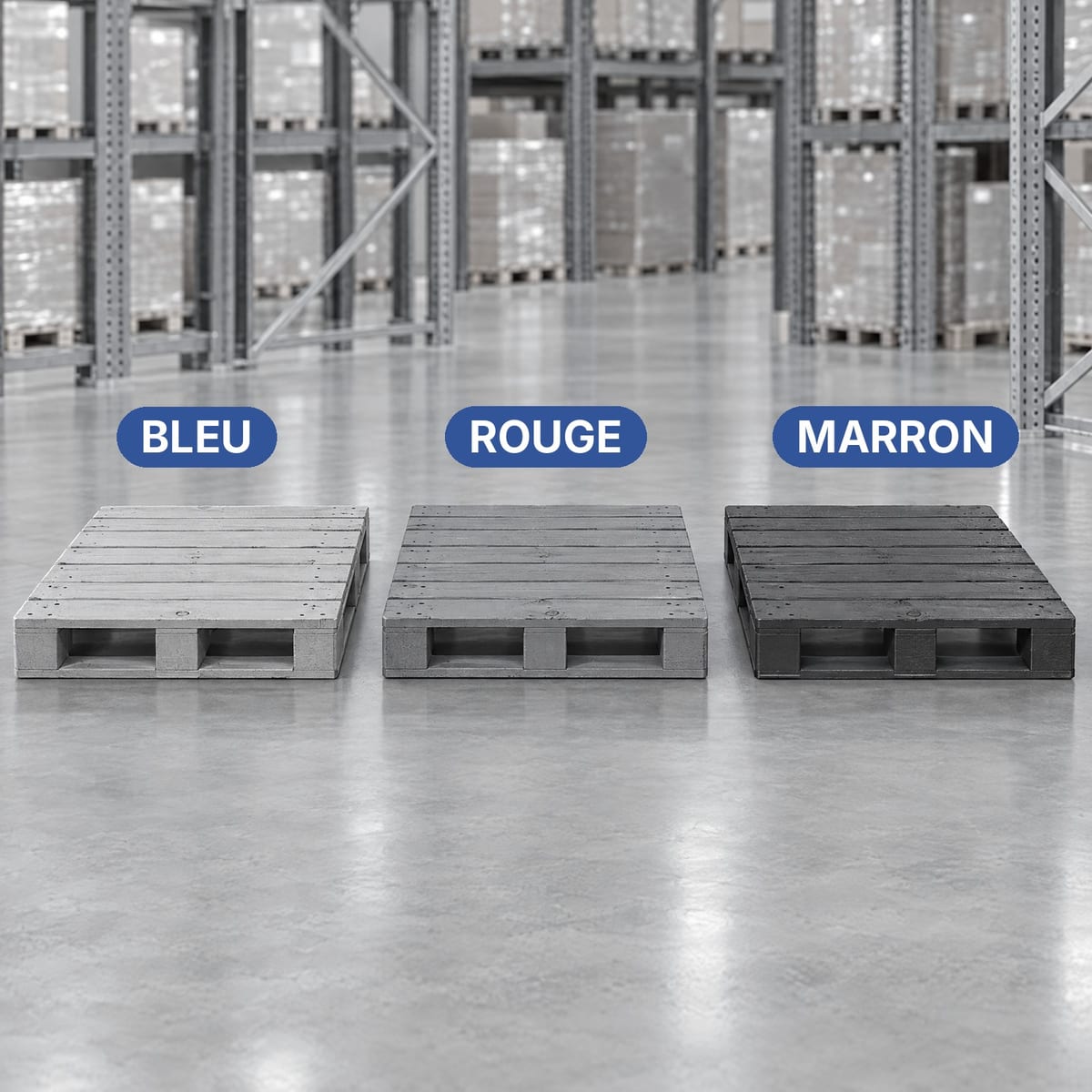 Trois palettes bois de location côte à côte aux couleurs des pools : bleu, rouge et marron