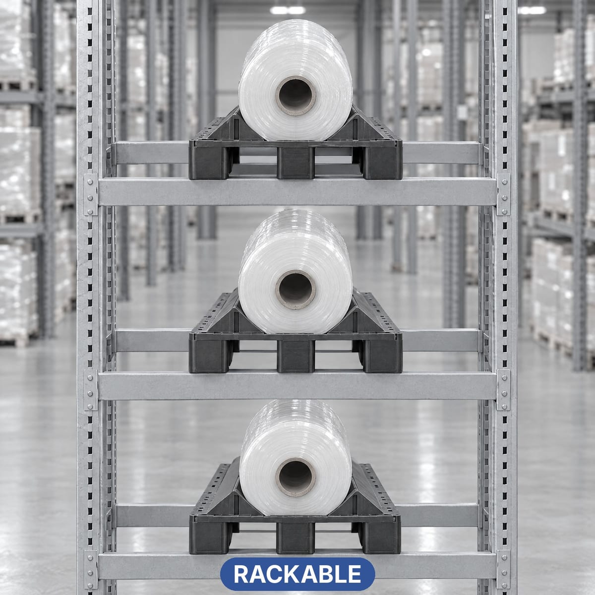 ROLL RCV69 reel pallet with a reel on the beams of pallet racking, runners at 90°