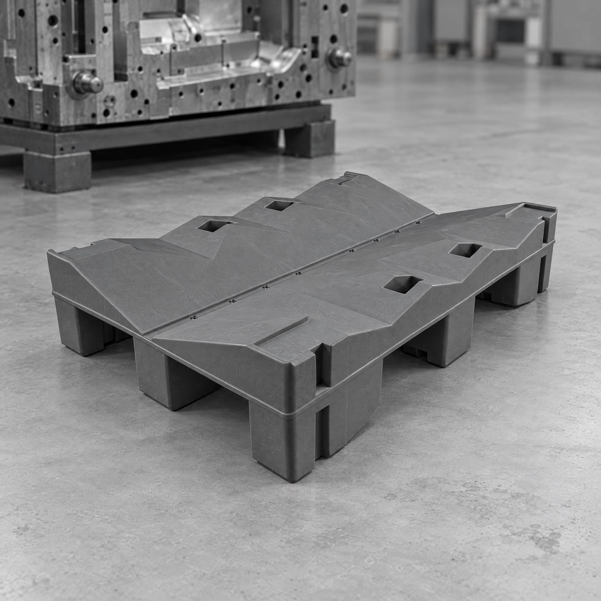 Plastic reel pallet with a cradle shaped to the reel diameter, next to its mould