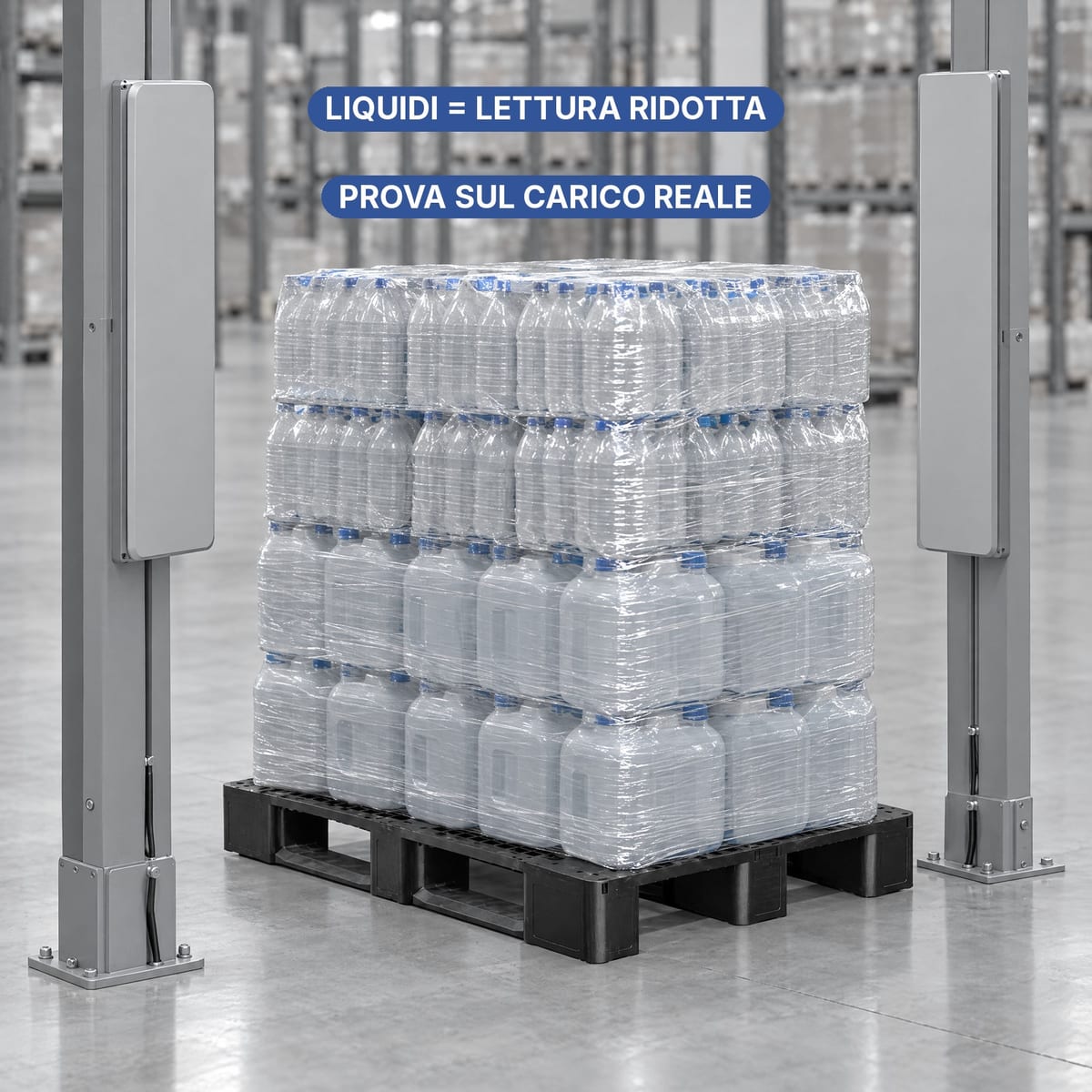 Pallet in plastica carico di fusti e bottiglie davanti a un varco RFID, con un'etichetta di prova di lettura