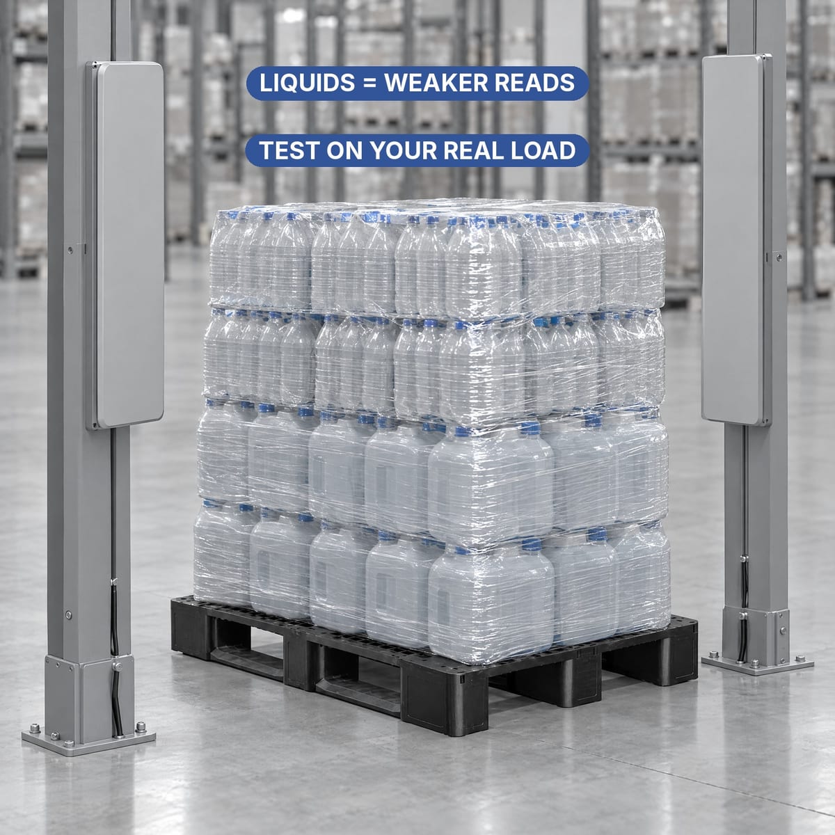 Plastic pallet loaded with drums and bottles in front of an RFID gate, with a read test label
