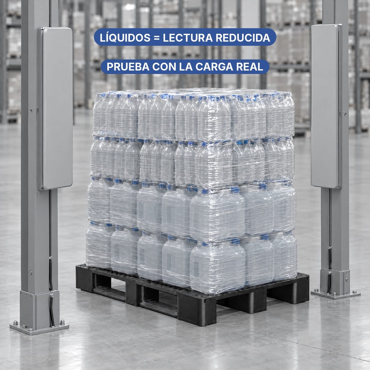 Palet de plástico cargado de bidones y botellas delante de un arco RFID, con una etiqueta de prueba de lectura