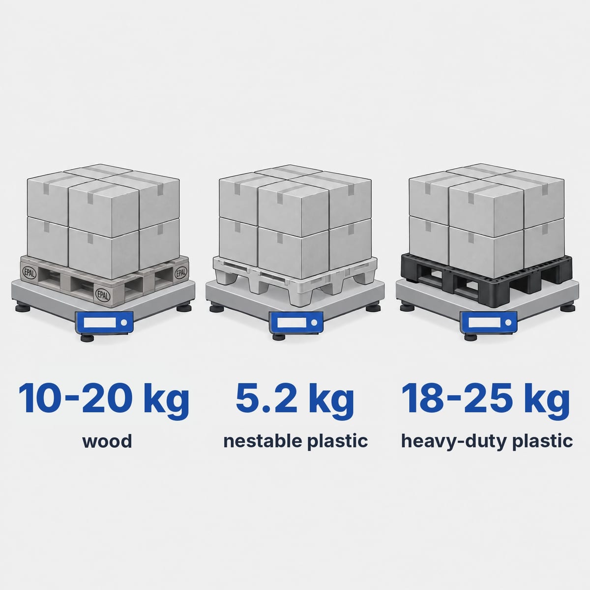 Diagram of the weight of three 1200×800 pallets: EPAL wooden, nestable plastic and heavy-duty plastic