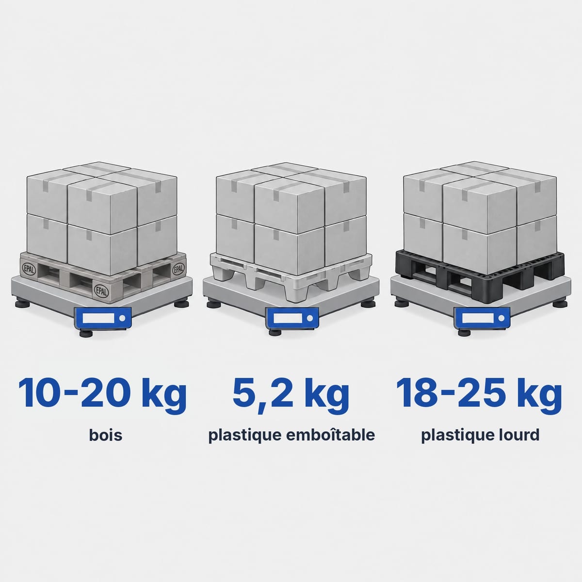 Schéma du poids de trois palettes 1200×800 : EPAL en bois, plastique emboîtable et plastique lourde